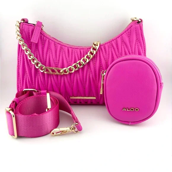 Aldo Hot Pink Quilted Chain Shoulder Bag w/ Coin Pouch & Removable Guitar Strap - Picture 10 of 10